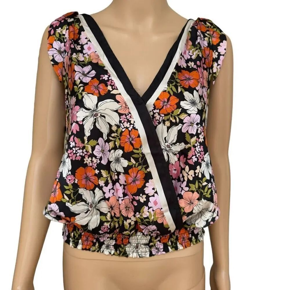 Joie Top Satin Retro Floral Surplice Tie Shoulder Blouse Women’s Size M